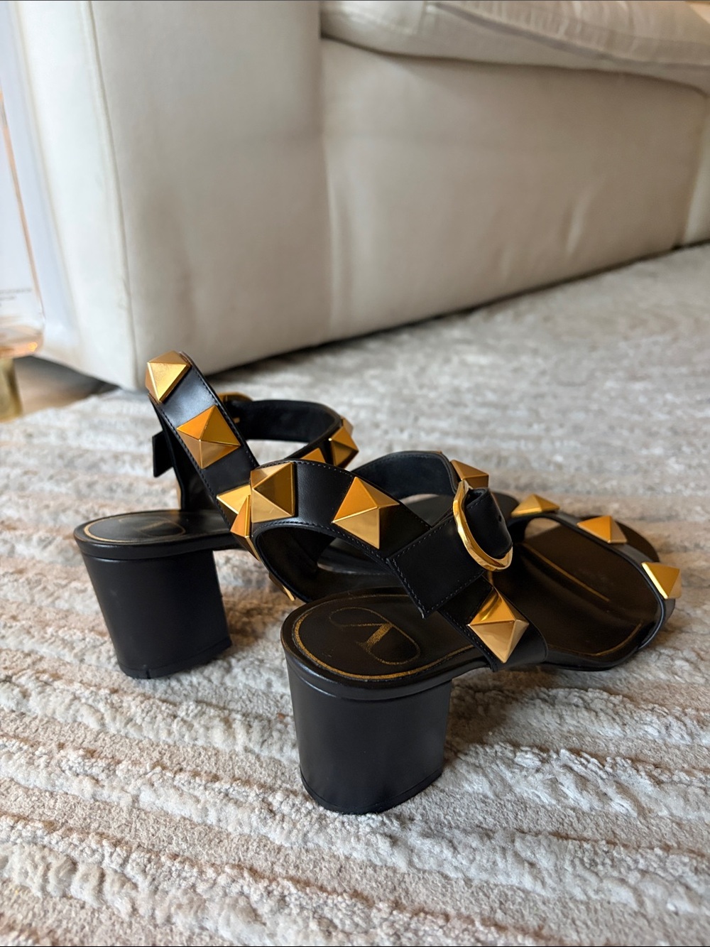 Valentino Black Leather Block Heel Sandals with Gold Pyramid Studs - Picture 3 of 5